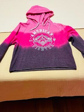 American Fighter Ombre Pink to Charcoal Hooded Midriff Sweatshirt